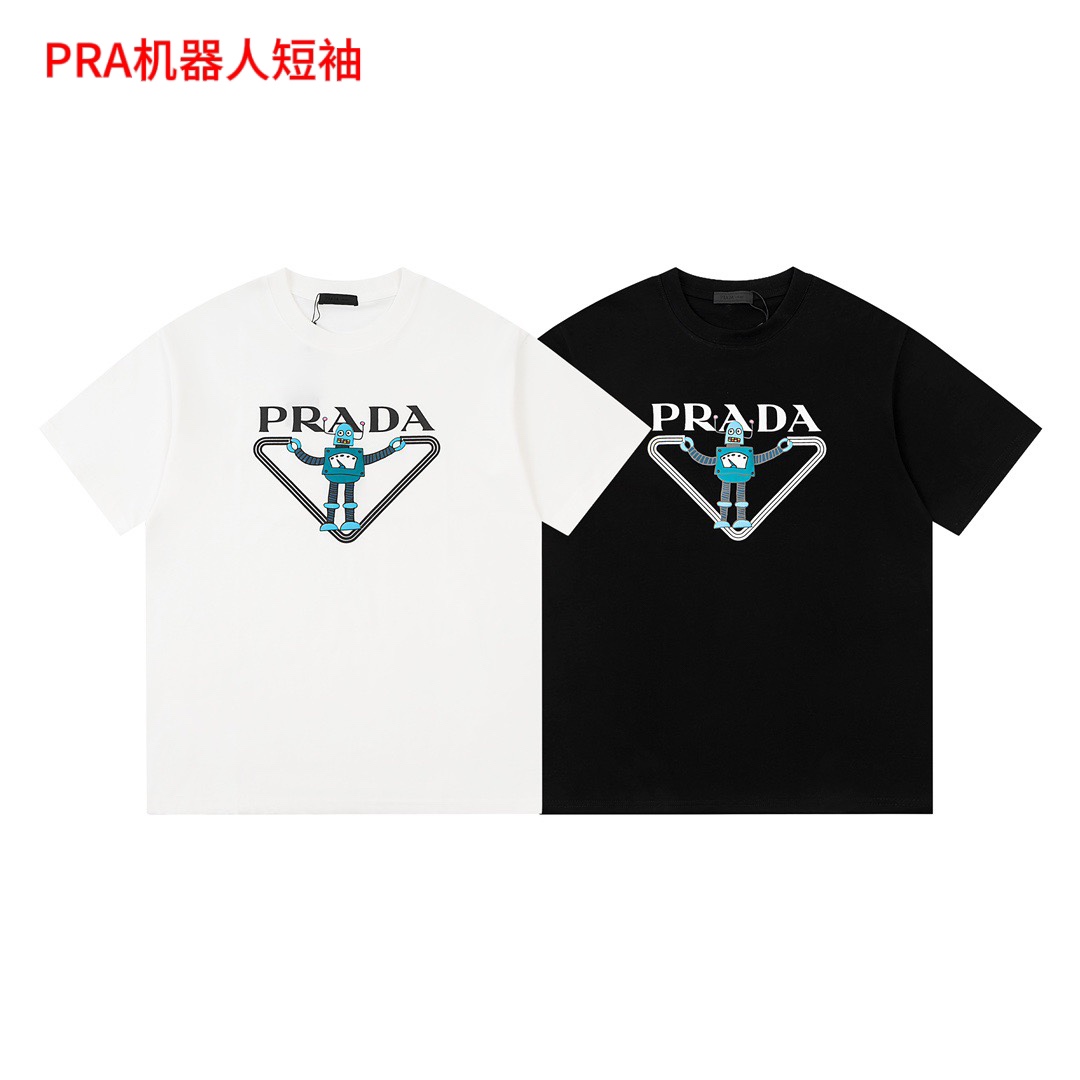 PRA机器人短袖23ss前图案印花△三角标短袖T恤定制200克同缸染面料  手感非常舒服  春夏最新砖柜同步 OS落肩版型 时尚又个性  超级百搭好看的一款                男女都非常合适  人手必备款 颜色：黑白 尺码M-4xl