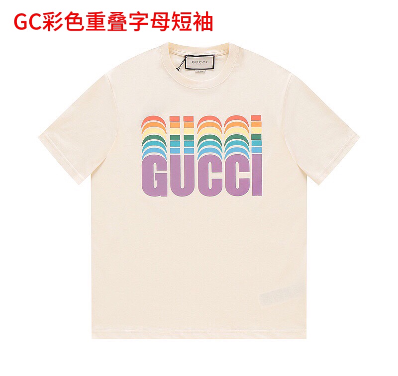 GC彩色重叠字母短袖Gucci/古驰  23ss  logo渐变印花短袖t恤面料舒适透气，潮范大气 原版印花一比一复刻，面料采用纯棉精梳棉面料，搭配运动鞋清新舒适 逛街约
